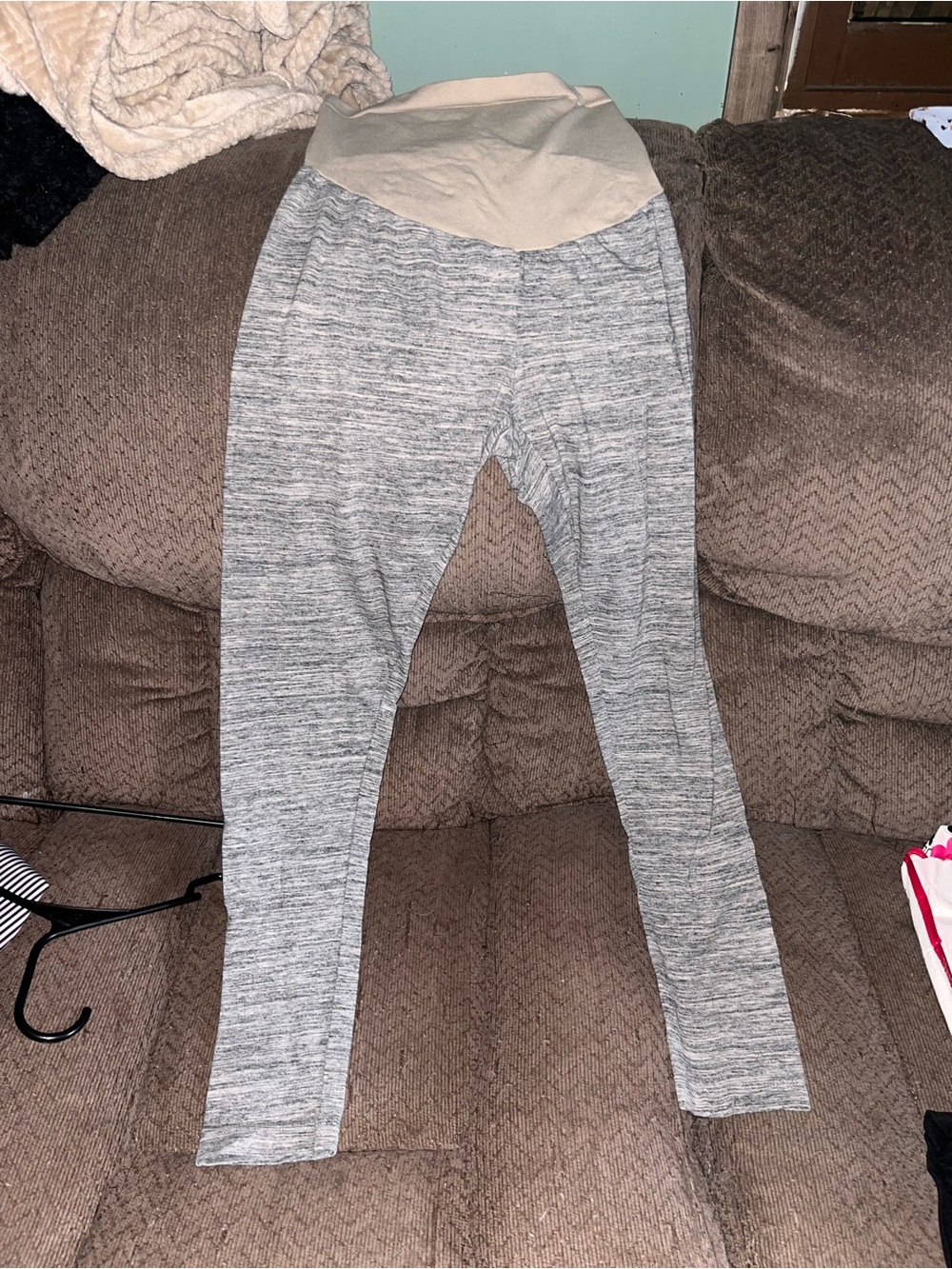 Motherhood Heather Gray Leggings with Beige Panel